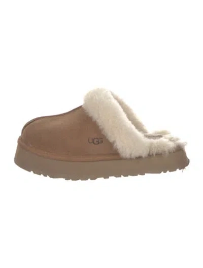 Pre-owned Ugg Suede Fur Trim Mules In Brown
