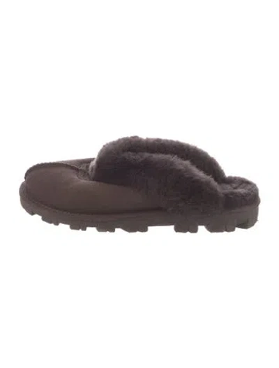 Pre-owned Ugg Suede Fur Trim Mules In Brown