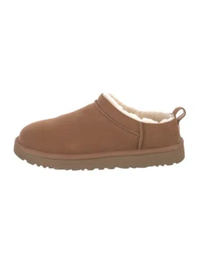 Pre-owned Ugg Suede Fur Trim Mules In Brown