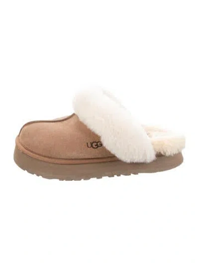 Pre-owned Ugg Suede Fur Trim Mules In Brown