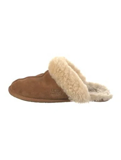 Pre-owned Ugg Suede Fur Trim Mules In Brown