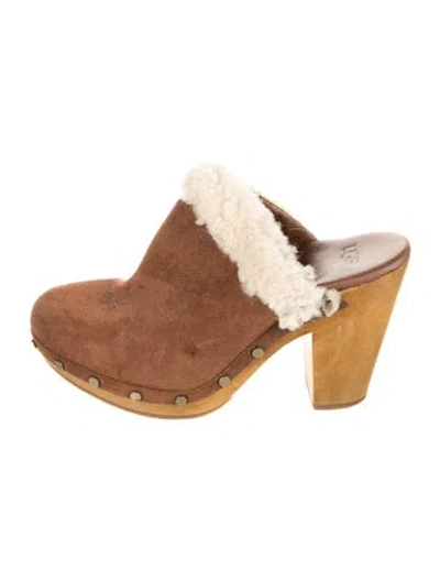 Pre-owned Ugg Suede Fur Trim Mules In Brown