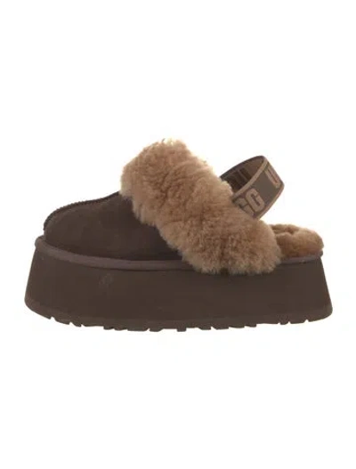 Pre-owned Ugg Suede Fur Trim Mules In Brown