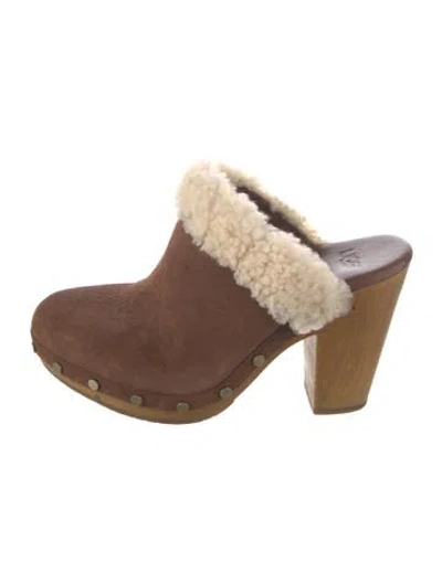Pre-owned Ugg Suede Fur Trim Mules In Brown