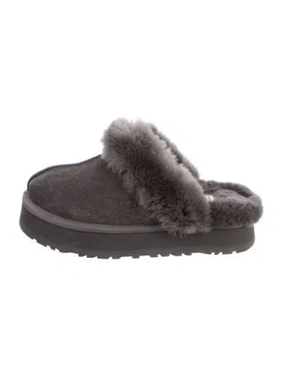Pre-owned Ugg Suede Fur Trim Mules In Gray