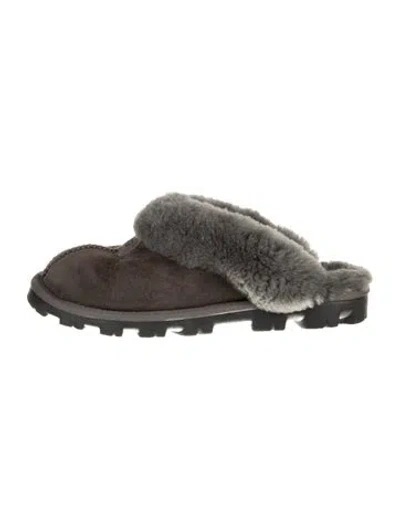 Pre-owned Ugg Suede Fur Trim Mules In Gray
