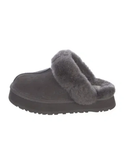 Pre-owned Ugg Suede Fur Trim Mules In Gray