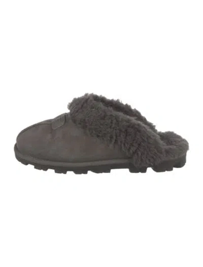 Pre-owned Ugg Suede Fur Trim Mules In Gray