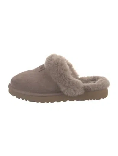 Pre-owned Ugg Suede Fur Trim Mules In Gray