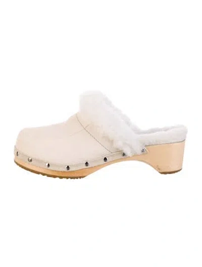 Pre-owned Ugg Suede Fur Trim Mules In Neutral