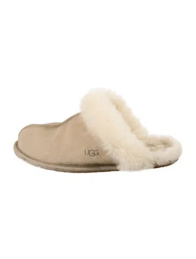 Pre-owned Ugg Suede Fur Trim Mules In Neutral