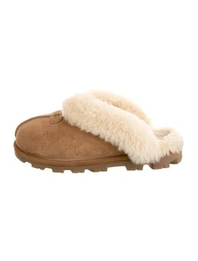Pre-owned Ugg Suede Fur Trim Mules In Neutral