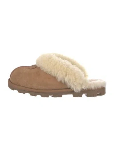 Pre-owned Ugg Suede Fur Trim Mules In Neutral