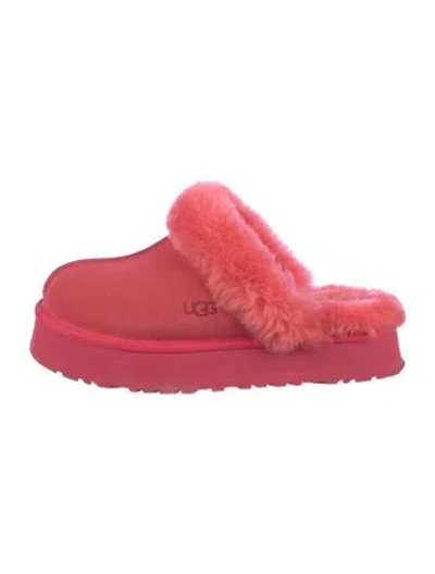 Pre-owned Ugg Suede Fur Trim Mules In Pink