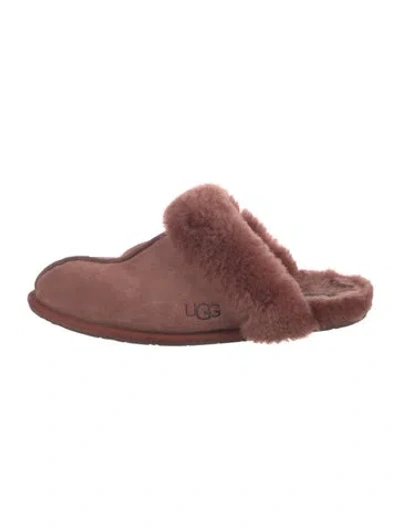 Pre-owned Ugg Suede Fur Trim Mules In Pink