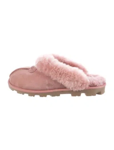 Pre-owned Ugg Suede Fur Trim Mules In Pink