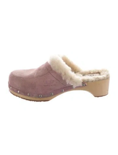 Pre-owned Ugg Suede Fur Trim Mules In Pink