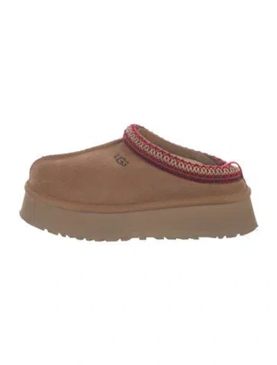 Pre-owned Ugg Suede Fur Trim Slides In Brown