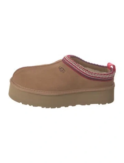 Pre-owned Ugg Suede Fur Trim Slides In Brown
