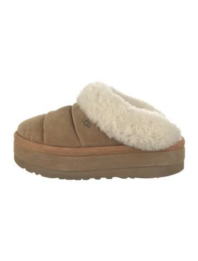 Pre-owned Ugg Suede Fur Trim Slides In Brown