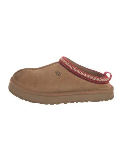 Pre-owned Ugg Suede Fur Trim Slides In Brown