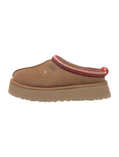 Pre-owned Ugg Suede Fur Trim Slides In Brown