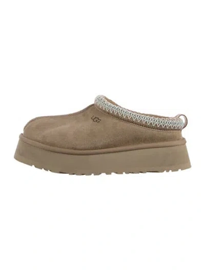 Pre-owned Ugg Suede Fur Trim Slides In Green