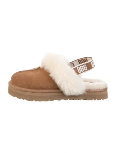 Pre-owned Ugg Suede Fur Trim Slides In Neutrals
