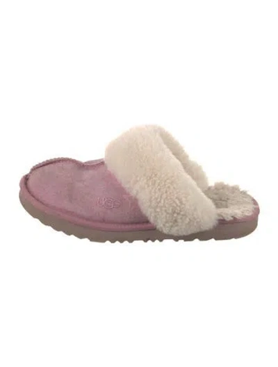 Pre-owned Ugg Suede Fur Trim Slides In Pink