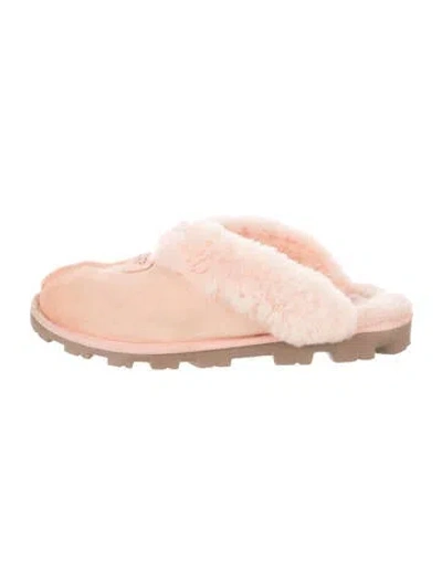 Pre-owned Ugg Suede Fur Trim Slides In Pink