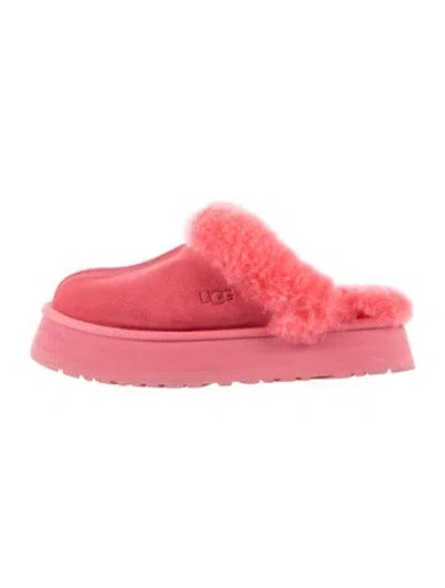 Pre-owned Ugg Suede Fur Trim Slides In Red