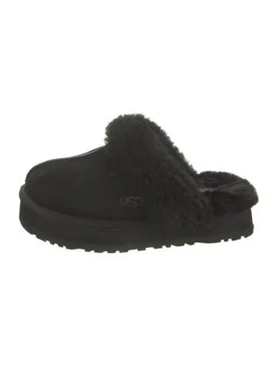 Pre-owned Ugg Suede Fur Trim Slippers In Black