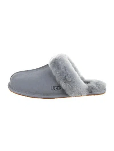 Pre-owned Ugg Suede Fur Trim Slippers In Blue