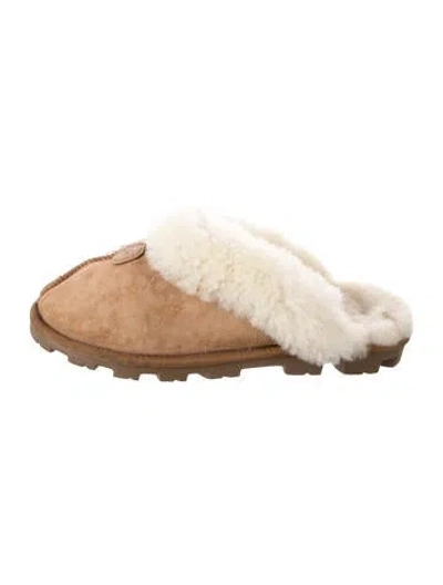 Pre-owned Ugg Suede Fur Trim Slippers In Brown