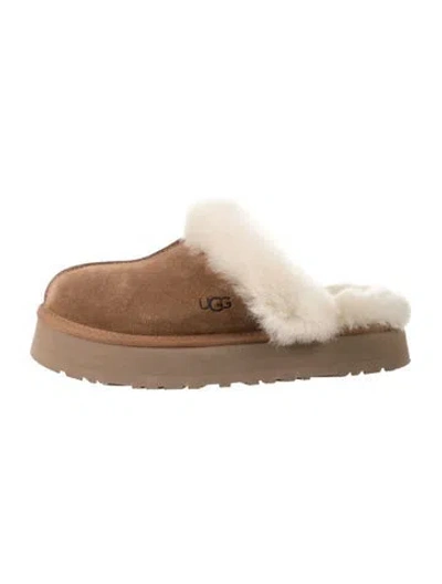 Pre-owned Ugg Suede Fur Trim Slippers In Brown