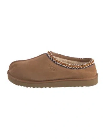 Pre-owned Ugg Suede Fur Trim Slippers In Brown