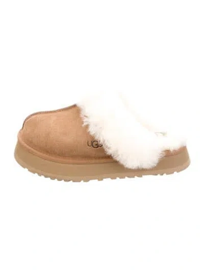 Pre-owned Ugg Suede Fur Trim Slippers In Brown