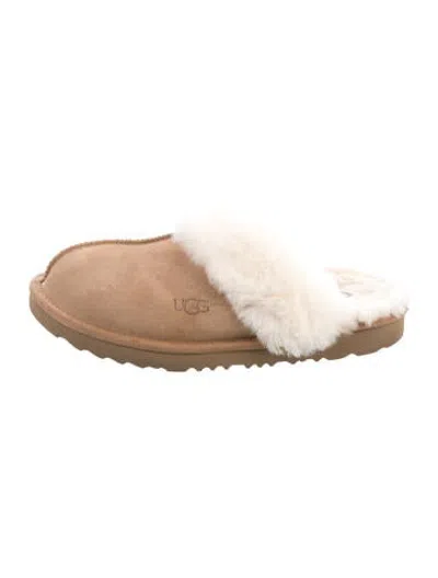 Pre-owned Ugg Suede Fur Trim Slippers In Brown