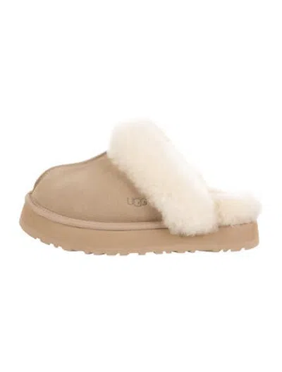 Pre-owned Ugg Suede Fur Trim Slippers In Brown