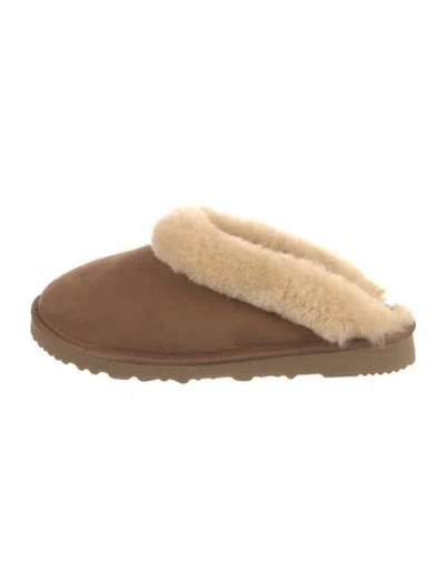 Pre-owned Ugg Suede Fur Trim Slippers In Brown/neutrals