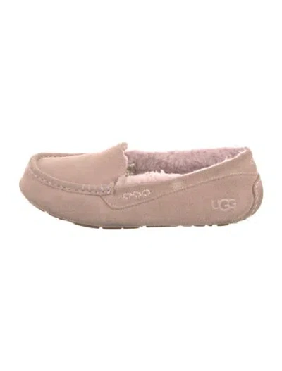 Pre-owned Ugg Suede Fur Trim Slippers In Grey