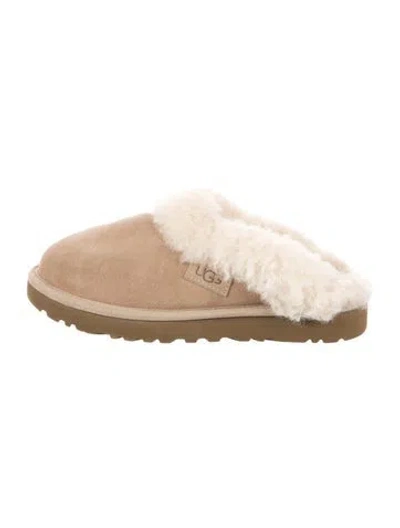 Pre-owned Ugg Suede Fur Trim Slippers In Neutrals