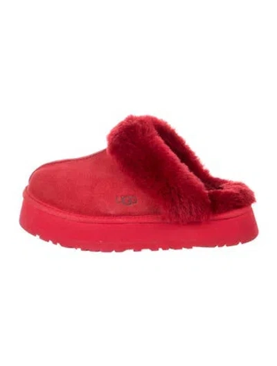Pre-owned Ugg Suede Fur Trim Slippers In Red