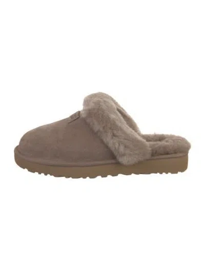 Pre-owned Ugg Suede Fur Trim Slippers W/ Tags In Neutrals