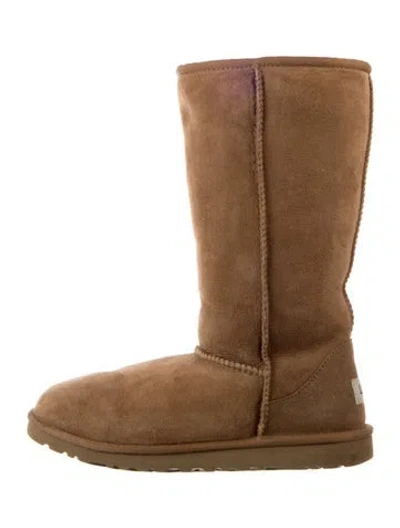 Pre-owned Ugg Suede Fur Trim Slouch Boots In Brown
