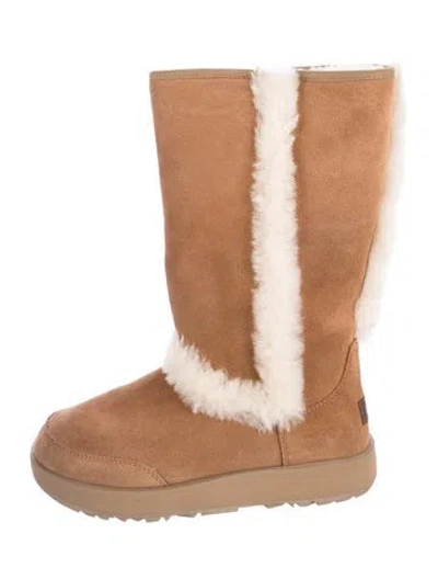 Pre-owned Ugg Suede Fur Trim Slouch Boots In Neutrals