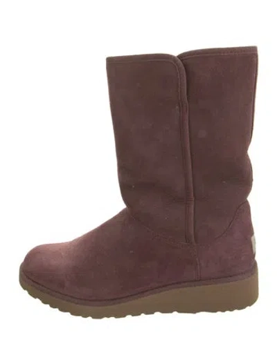 Pre-owned Ugg Suede Fur Trim Slouch Boots In Purple