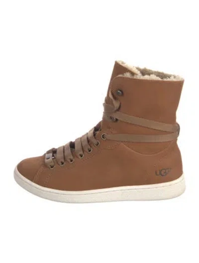 Pre-owned Ugg Suede Fur Trim Sneakers In Brown