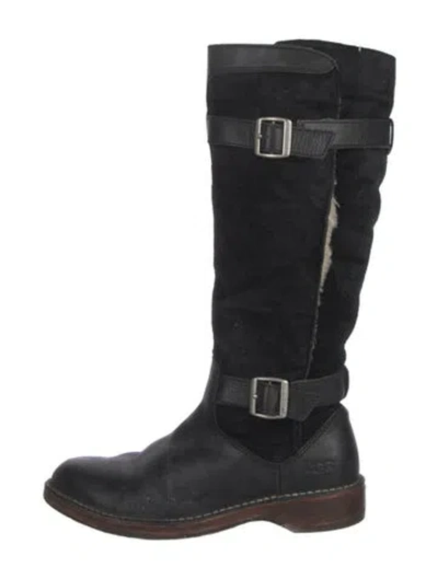 Pre-owned Ugg Suede Leather Trim Embellishment Riding Boots In Black