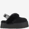 Ugg Platform Strap Mules In Black Leather With Faux Fur Trim In Black